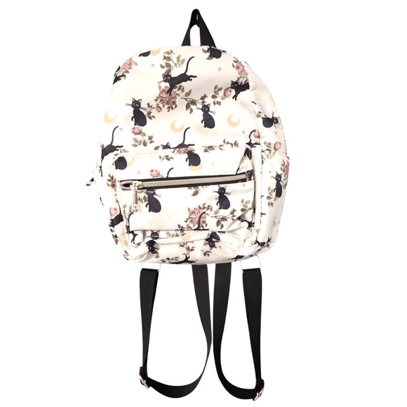 Floral Cat Backpack Mini White Cute Black Kitten Roses School Travel Bag New - Picture 6 of 6